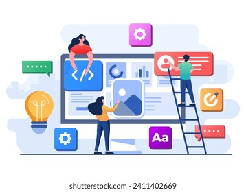 Developers building website User interface front view on computer, Web design, UI UX, Software development, Web design, Application design, Coding, Web development flat illustration for landing page