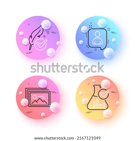 Developers chat, Image gallery and Chemistry lab minimal line icons. 3d spheres or balls buttons. Hypoallergenic tested icons. For web, application, printing. Vector