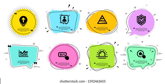 Developers chat, Investment and Buy button line icons set. Chat bubbles with quotes. Swipe up, Pyramid chart and Confirmed signs. Loyalty star, Sunset symbols. Vector