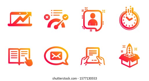 Developers chat, Messenger and Read instruction line icons set. Receive file, Time and Sales diagram signs. Correct answer, Startup symbols. Manager talk, New message. Education set. Vector