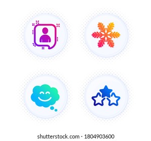 Los programadores chatean, Smile chat y Snowflake los íconos de los iconos sencillos. Botón con puntos de semitono. Firma de estrellas de clasificación. Charla de gerente, cara feliz, aire acondicionado. Premio ganador. Conjunto de tecnología. Vector