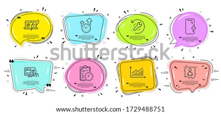 Developers chat, Time management and Smartphone charging signs. Speech bubbles with quotes. Online payment, Recovery tool and Graph line icons set. Exam time, Copyright laptop symbols. Vector