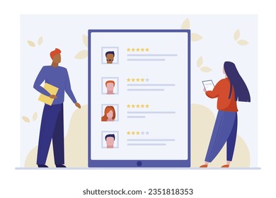 Developers checking feedback on huge tablet vector illustration. Drawing of people doing market research, client satisfaction, product or app development. Customer service, feedback, marketing concept