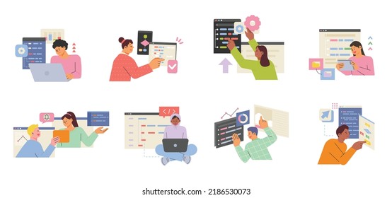 Developers are coding programs on computers. A computer pop-up window floats around the programmer. flat design style vector illustration.