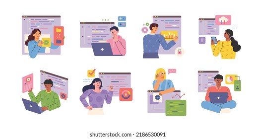 Developers are coding programs on computers. Programmers are analyzing data. flat design style vector illustration.