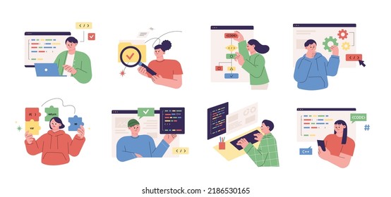 Developers are coding programs on computers. Programmers are analyzing and putting pieces together. flat design style vector illustration.