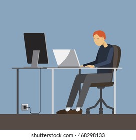 Developers Coding. It Works For Multiple Monitors. Vector Illustration. Office Worker Man Behind A Desktop. Business Man Or A Clerk Working At Her Office Desk