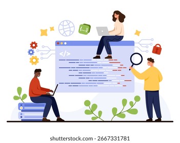 Developers collaborating on code with laptops and magnifying glass, surrounded by programming symbols, gears, and security icons, perfect for software development and teamwork topics vector