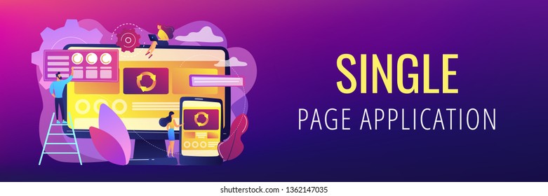 Developers at computer and smartphone working on single page app, tiny people. Single page application, SPA web page, web development trend concept. Header or footer banner template with copy space.