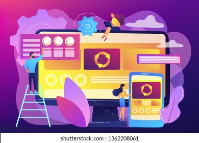 Developers at computer and smartphone working on single page app, tiny people. Single page application, SPA web page, web development trend concept. Bright vibrant violet vector isolated illustration