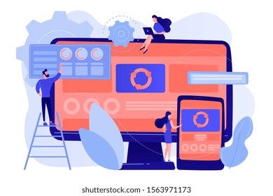 Developers at computer and smartphone working on single page app, tiny people. Single page application, SPA web page, web development trend concept. Pinkish coral bluevector isolated illustration