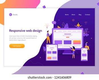 Developers create responsive web design for different devices. Web banner template. Website development. Business concept. Flat vector illustration.