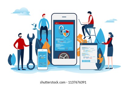 Developers create the startup project. Mobile application development process. User interface.  Flat cartoon miniature  illustration vector graphic on white background.
