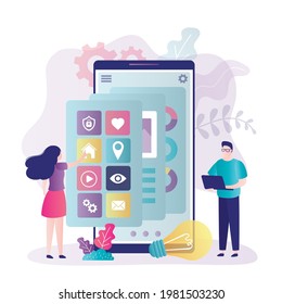 Developers creates custom designs for mobile app. People customize menu or system interface. Process of creating application design. Concept of ui ux design and customization. Flat vector illustration