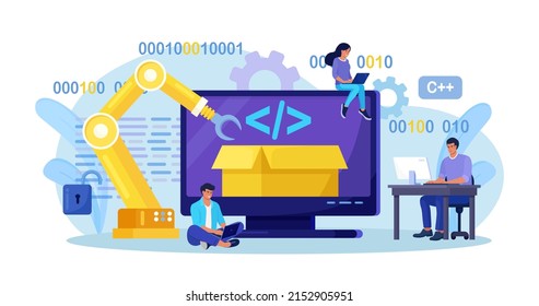 Developers creating software script at computer with open robotic soft. Open automation architecture, open source, free development. Programmers programming website for internet platform 