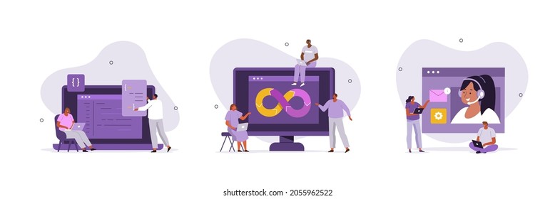 Developers and DevOps illustration set. Technical support teams working together to build an engineering system. Software development and it operations concept. Vector illustration.