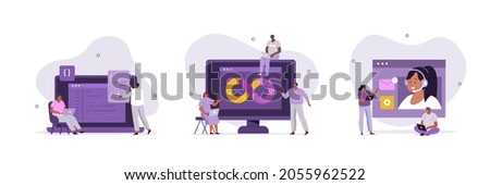 Developers and DevOps illustration set. Technical support teams working together to build an engineering system. Software development and it operations concept. Vector illustration.