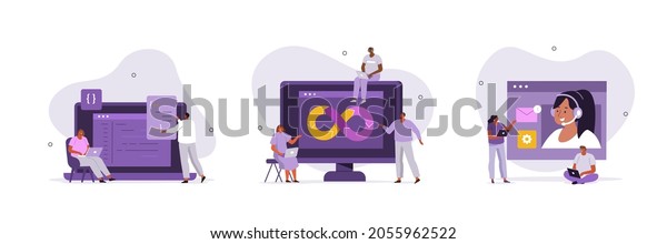 Developers\
and DevOps illustration set. Technical support teams working\
together to build an engineering system. Software development and\
it operations concept. Vector\
illustration.