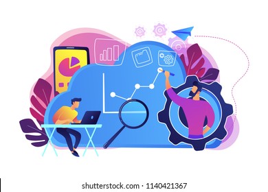 Developers drawing chart, monitoring applications. Computing resourses, operaing data and services, cloud technology organization and management concept, violet palette. Vector isolated illustration. Developers drawing chart, monitoring applications. Computing resourses, operaing data and services, cloud technology organization and management concept, violet palette. Vector isolated illustration.