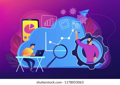 Developers drawing chart, monitoring applications. Computing resourses, operaing data and services, cloud technology organization and management concept, violet palette. Vector isolated illustration.