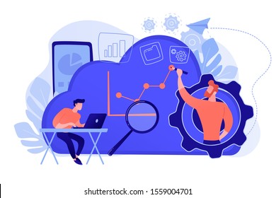 Developers drawing chart, monitoring applications. Computing resourses, operaing data and services, cloud technology organization and management concept. Vector isolated illustration.