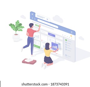 Developers go online to cloud storage realistic isometric. Female characters search and download relevant web information analyze statistics. Digital data management anywhere vector concept.