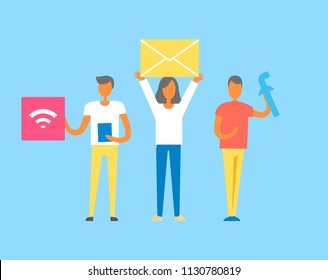 Developers holding wifi internet connection, e-mail letter facebook icons signs of modern world, virtual communication isolated on vector illustration