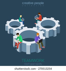 Developers programmer coder teamwork cogwheel flat 3d web isometric infographic vector. Micro young men staff team members sitting on huge gear connection. Creative people collection.