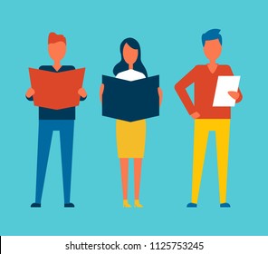 Developers reading pages containing written text, people working on information edition, changing info vector illustration isolated on blue background