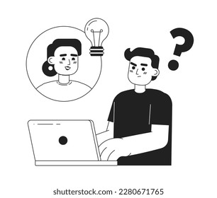 Developers in remote team black and white concept vector spot illustration. Editable 2D flat monochrome cartoon characters for web design. Creative line art idea for website, mobile, blog