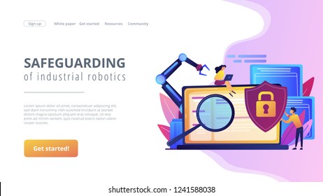 Developers, robot work at laptop with magnifier. Industrial cybersecurity, industrial robotics malware, safeguarding of industrial robotics concept. Website vibrant violet landing web page template.