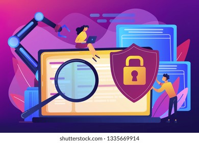 Developers, robot work at laptop with magnifier. Industrial cybersecurity, industrial robotics malware, safeguarding of industrial robotics concept. Bright vibrant violet vector isolated illustration