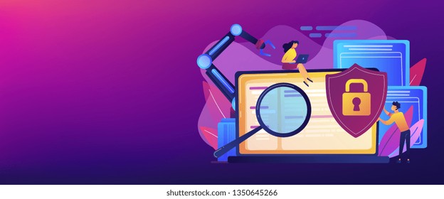 Developers, robot work at laptop with magnifier. Industrial cybersecurity, industrial robotics malware, safeguarding of industrial robotics concept. Header or footer banner template with copy space.
