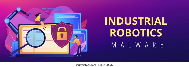 Developers, robot work at laptop with magnifier. Industrial cybersecurity, industrial robotics malware, safeguarding of industrial robotics concept. Header or footer banner template with copy space.