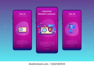 Developers, robot work at laptop with magnifier. Industrial cybersecurity, industrial robotics malware, safeguarding of industrial robotics concept. Mobile UI UX GUI template, app interface wireframe