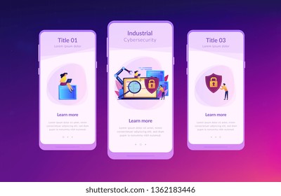 Developers, robot work at laptop with magnifier. Industrial cybersecurity, industrial robotics malware, safeguarding of industrial robotics concept. Mobile UI UX GUI template, app interface wireframe