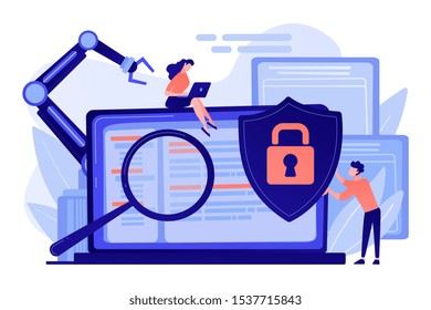 Developers, robot work at laptop with magnifier. Industrial cybersecurity, industrial robotics malware, safeguarding of industrial robotics concept. Pinkish coral bluevector isolated illustration