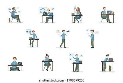 Developers Set Isolated On White Background. Web And Mobile Developers, Business Analyst, UI-UX Designer, QA Tester, Project Manager, System Architect, Team Leader, Data Scientist. Vector Illustration