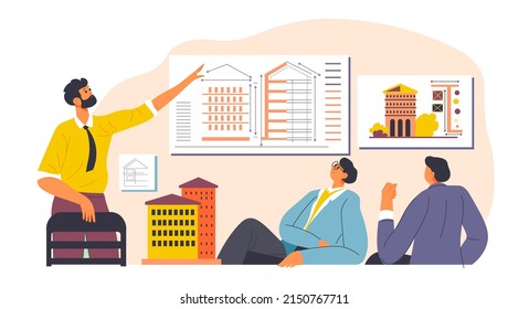 Developers showing architectural project of complexes, house or building to investors or partners. Engineers on meeting, professional builders and designers on conference. Vector in flat style