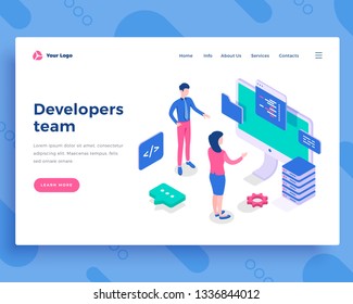 Developers team concept, people interact with screen and code. Landing page template. 3d isometric vector illustration.