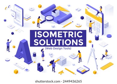 Developers team creating websites. Web design tools isometric solutions elements collection. Computer software. Professional using digital instruments to make webpages 3d vector illustrations