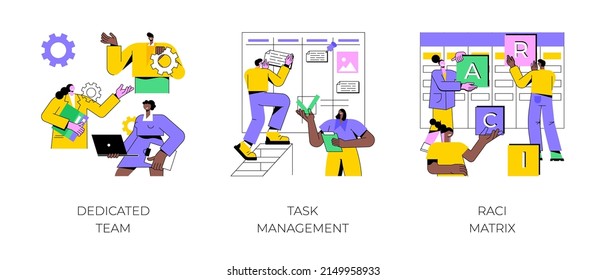 Developers team management abstract concept vector illustration set. Dedicated team, task management, RACI matrix, outsource, productivity online platform, responsibility chart abstract metaphor.