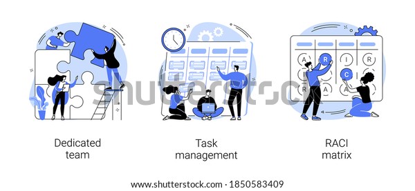 Developers team management abstract concept\
vector illustration set. Dedicated team, task management, RACI\
matrix, outsource, productivity online platform, responsibility\
chart abstract\
metaphor.