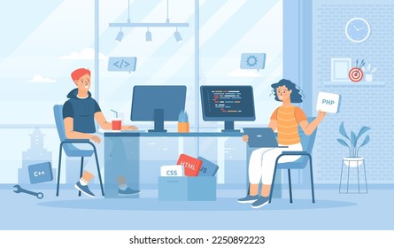 Developers team. Optimization, development, testing app. Programmers creates software. Flat cartoon vector illustration with people characters for banner, website design or landing web page