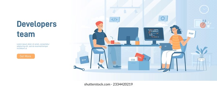 Developers team. Optimization, development, testing app. Programmers creates software. Flat concept great for social media promotional material. Website banner on white background.	
