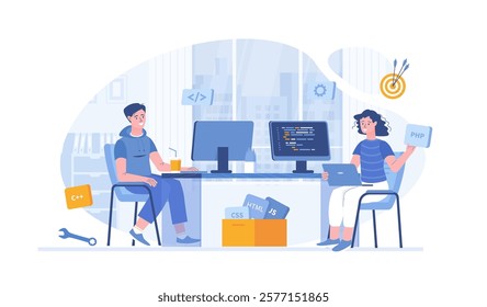 Developers team. Optimization, development, testing app. Programmers creates software. Vector illustration with characters in flat design for web banner.	
