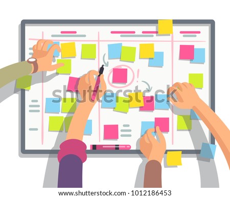 Developers team planning weekly schedule tasks on task board. Teamwork and collaboration vector flat concept. Task scheme whiteboard, taskboard schedule strategy illustration