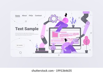 developers team with robotic hands creating website ui web application development program software optimization