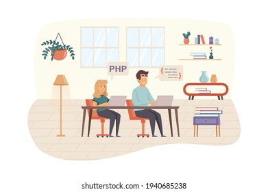 Developers team testing software in office scene. Man and woman works on laptops, fixing bugs in program code. Application development concept. Vector illustration of people characters in flat design