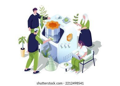 Developers team web concept in 3d isometric design. People developing software, working together at projects, fixing bugs and optimization for devices, teamwork communication. Vector web illustration.
